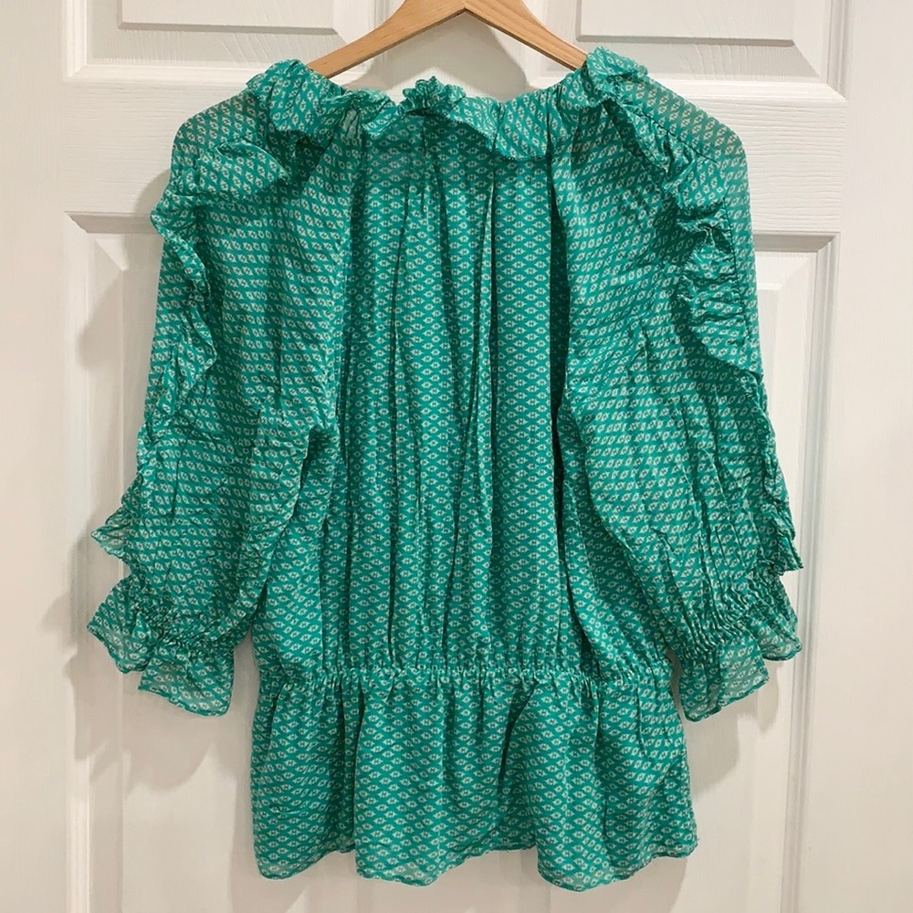 Joie Zaida Ruffle Silk Turquoise Green Pattern Top - Picture 7 of 13